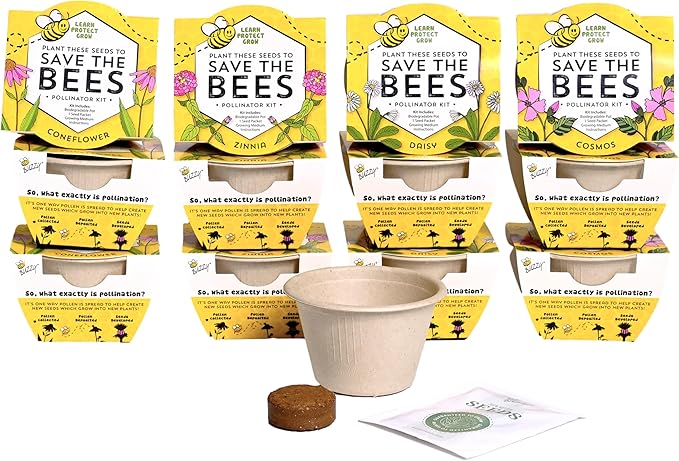 BUZZY Seeds 12 Pack Save The Bees Wildflower Grow Kits – 12 Biodegradable Pots with an Assortment of Coneflower, Zinnia, Daisy, Cosmos Seeds, Pollinator Garden Starter, Sustainable Party Favors