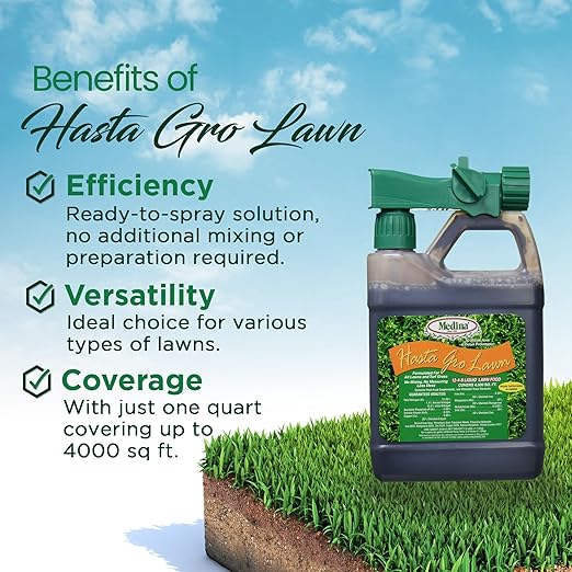 Medina HastaGro Liquid Lawn Fertilizer - 12-4-8 Liquid Fertilizer for Lawns, Ready to Spray Grass Fertilizer for Lawn Care, Lawn Food for Vibrant Green Lawns, 1 Qt - Treats Up to 4000 Sq Ft