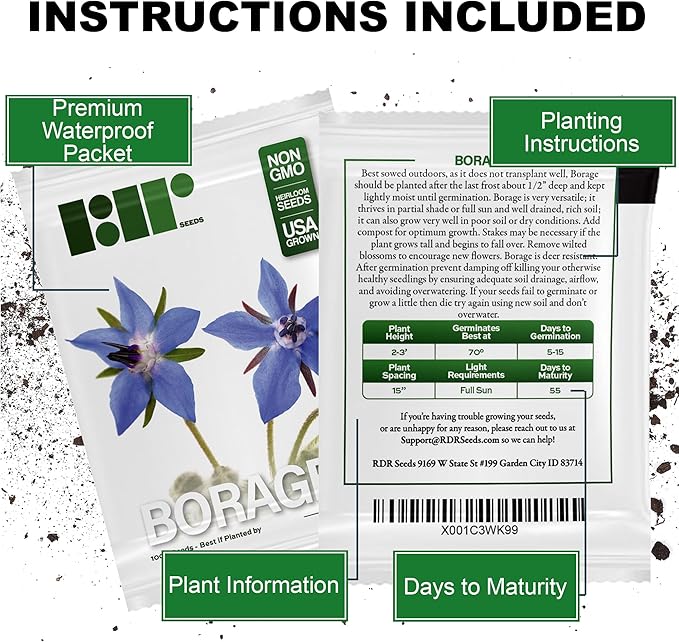 Borage Seeds - Starflower - Heirloom Non-GMO Herb Seeds for Planting an Herb Garden - 100 Seeds - Borago Officinalis - by RDR Seeds