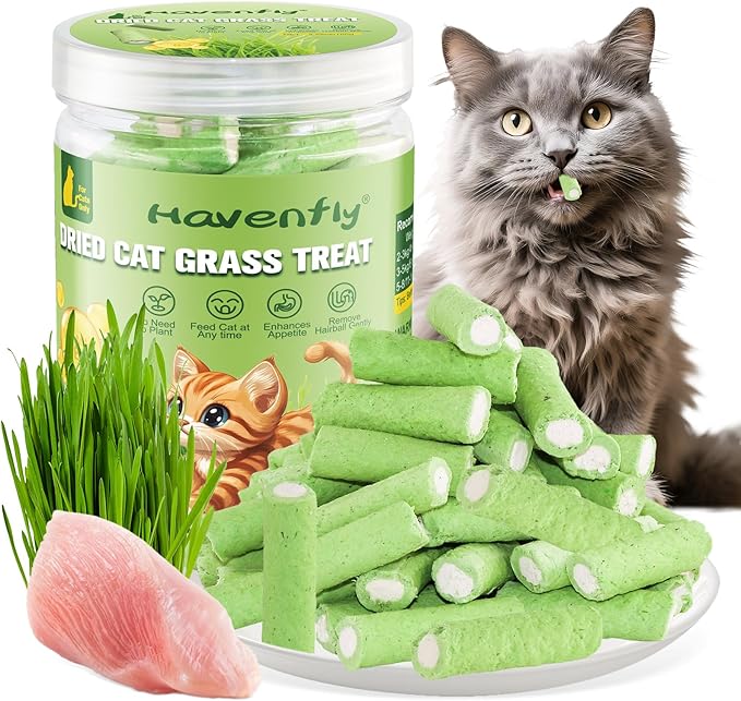Havenfly Cat Grass Teething Sticks, 3.52oz Edible Natural Dried Cat Grass Treats with Chicken, Cats Snack for Hairball Removal and Dental Care