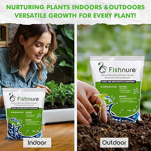 Fishnure - Odor-Free Natural Microbial Compost Starter, 1 4-lb Bag for 1000 lb Compost That Can Be Used as Fertilizer for Potting Soil Indoor Plants & Outdoor Plant Soil, Gardening Essentials