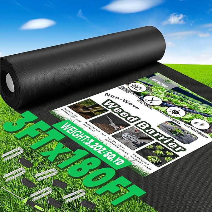 Non-Woven Thick Weed Barrier Fabric 3FT x 180FT, 3.2 oz Heavy Duty Weed Barrier Landscape Fabric, Ground Cover for Superior Weed Control, Easy Setup for Gardens, Landscaping, Flower Beds