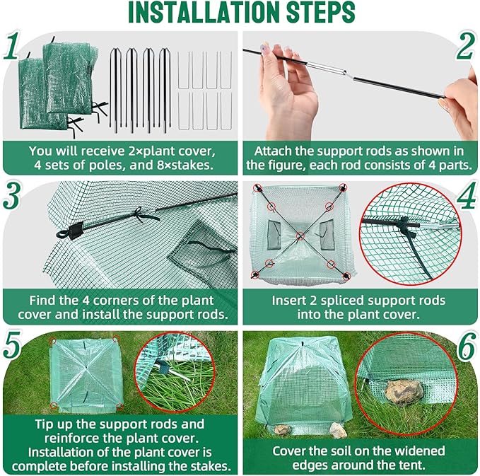 2 Packs Plant Cover Freeze Protection Blanket, 36''x36''x35'' Outdoor Garden Fabric Cover with Poles and Stakes for Winter Frost, Frost Covers for Small Trees, Shrubs, Green