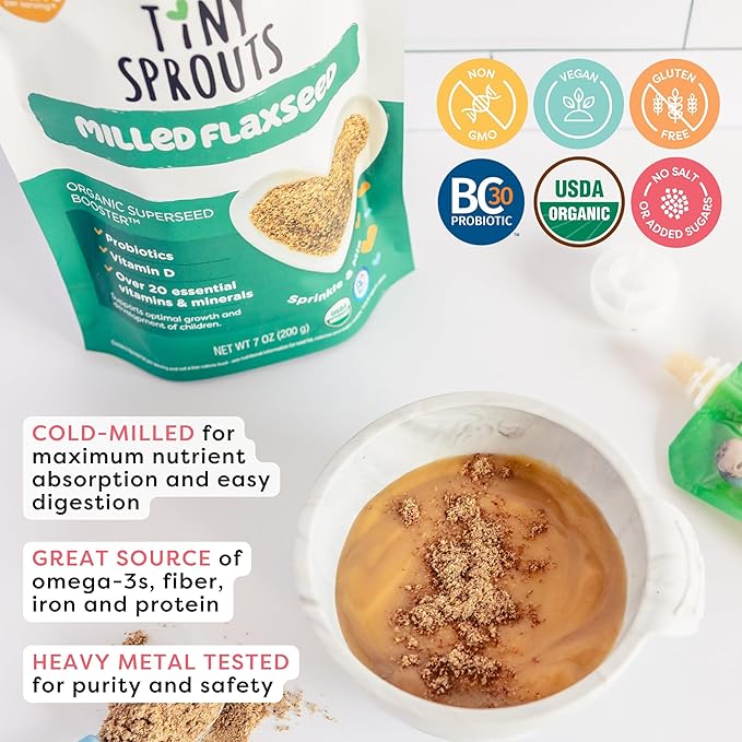 Tiny Sprouts Organic Milled Flaxseed + Full Serving Probiotic + Vitamin D3 | Kids Superfood Nutrition Booster for Brain, Gut & Immune Health | Omega-3, Prebiotic Fiber, Calcium, Protein | Gluten-Free, Plant-Based Superseed Blend | 7 oz