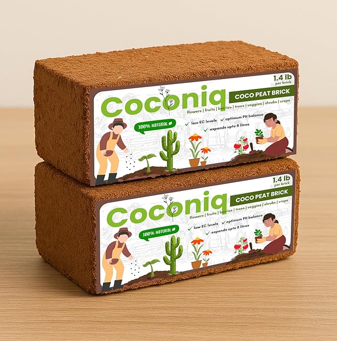 COCONIQ Premium Coco Coir Bricks 2 Pack - Lightweight Cocopeat for Garden Soil, Compressed Coconut Fiber Brick for Potting, Gardening, Planting, Seed Starting, Indoor & Outdoor Plants, Set of 2