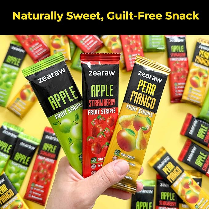 ZEARAW Healthy Fruit Snacks for Adults and Kids – 30 Fruit Leather with Dried Apple, Apple-Strawberry, Pear-Mango – Vegan Low-Carb Variety Pack Strips for Kids – Sugar Free Bars