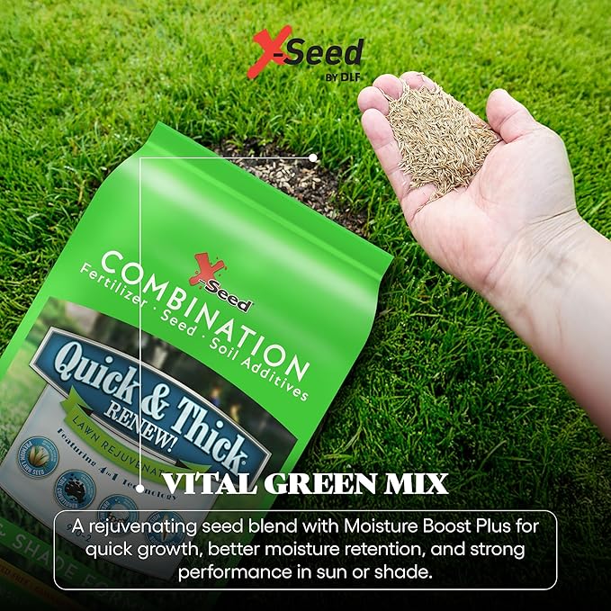 X-Seed Quick & Thick Renew Grass Seed & Soil Enhancer with Moisture & Micro Boost – Swift Germination, Drought Defense, Soil Revitalizer, & Root Boost – Ideal for Sun, Shade, & Over-Seeding – 20LB