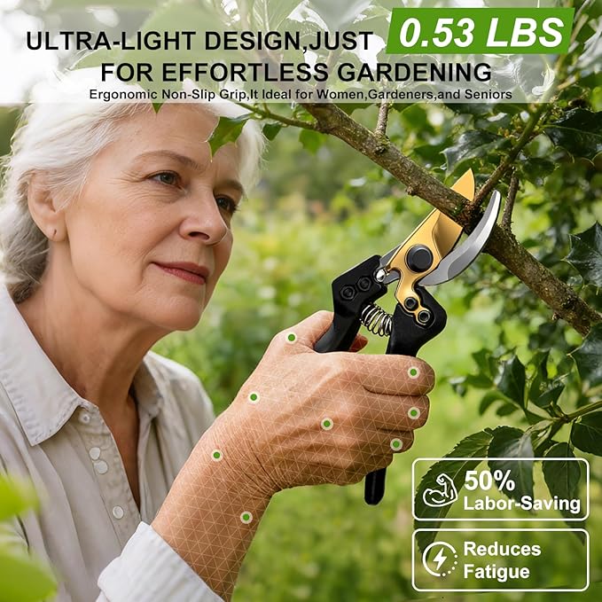 Pruning Shears, Sharp SK5 Steel Garden Clippers with Teflon Coated Blade, Clean Precision Cut, Ergonomic Non-Slip Grip, Easy-Control Hand Pruners for Roses, Shrubs & Plants