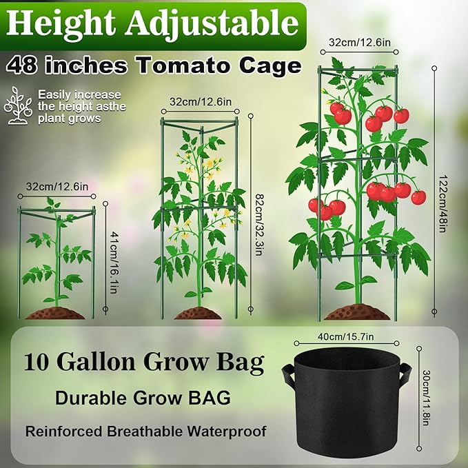 NNG 4 Packs 48 inches Tomato Cages with 10 Gallon Grow Bags,Garden Plant Support Cages,Plant Tower Stakes Garden Trellis for Climbing Plants,Tomato Plant Trellis for Vegetable Fruits Vines (4, Green)