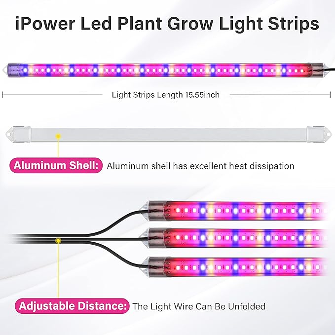 iPower LED Plant Grow Light Strips Full Spectrum with 3 Timing Modes, 10 Dimmable Levels 48 LEDs Per Tubes, Sunlike Grow Lamp for Hydroponics Succulent