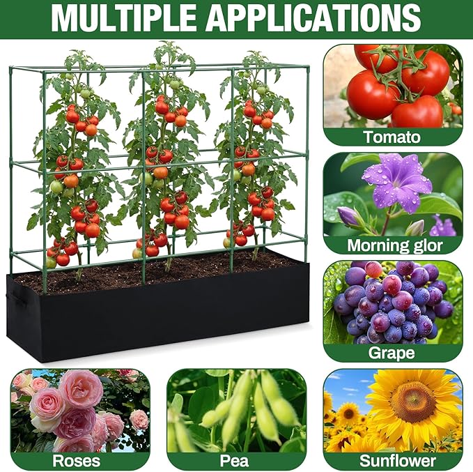 BreezeHug Garden Tomato Cages with 46 Gallon Grow Bags, 51" Height Adjustable Square Plant Support Trellis Large Steel Plant Tower Stakes for Climbing Vegetables Cucumber Squash Pea Flowers Fruits
