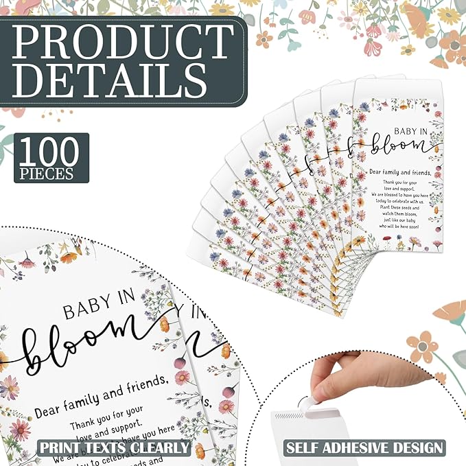 Maitys 100 Pcs Baby Shower Seed Packets Favors for Guests Baby in Bloom Wooden Sign Self Adhesive Envelopes Packet Storage Decor, No Seeds(Boho Wildflowers)