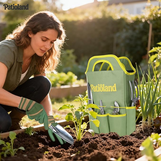 10-Piece Garden Tool Set, Green Gardening Hand Tools Kit with Non-Slip Handles, Heavy Duty Rust-Proof Aluminum Tools, Organizer Tote Bag & Gardening Gloves, Ideal Gardening Gifts for Men and Women