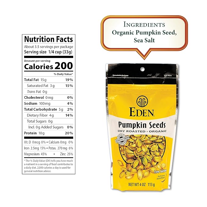 Eden Organic Pumpkin Seeds, Shelled, Dry Roasted and Lightly Sea Salted, to Eat, 4 oz (6-Pack)