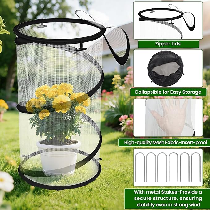 Erinaik 4 Pack Pop up Plant Guard Covers Tent from Animals White, 19.6" x 11.8" Foldable Plant Protectors Mesh Net, Garden Plant Enclosure Protection Cage with Stakes & Carry Bag for Outdoor Plants