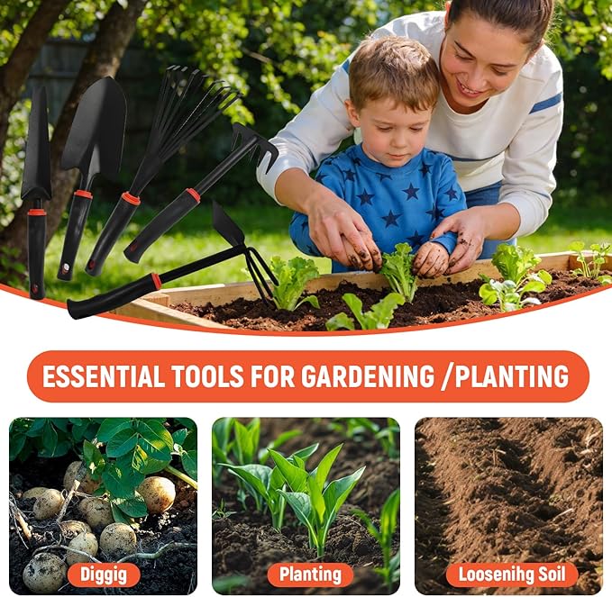 5 Pcs Set Weed Puller Tool,Hand Weeder Tool,Includes Rake, Shovel, Hand Hoe, Double-Sided Cultivator & Weed Puller Tool for Digging