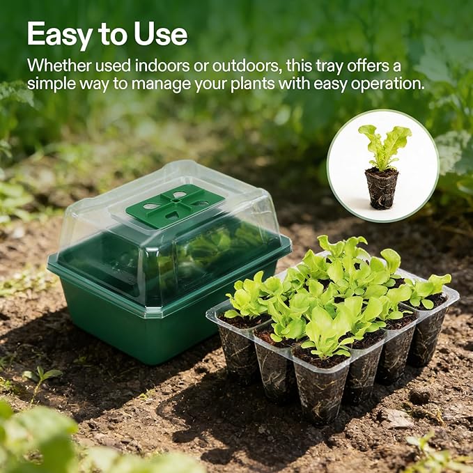 VIVOSUN 12-Pack Seed Starter Trays, 72-Cell Seed Starter Kit with Humidity Dome, Flat Reusable Plant Germination Trays with Drain Hole, Green Propagation Tray for Planting Seeds