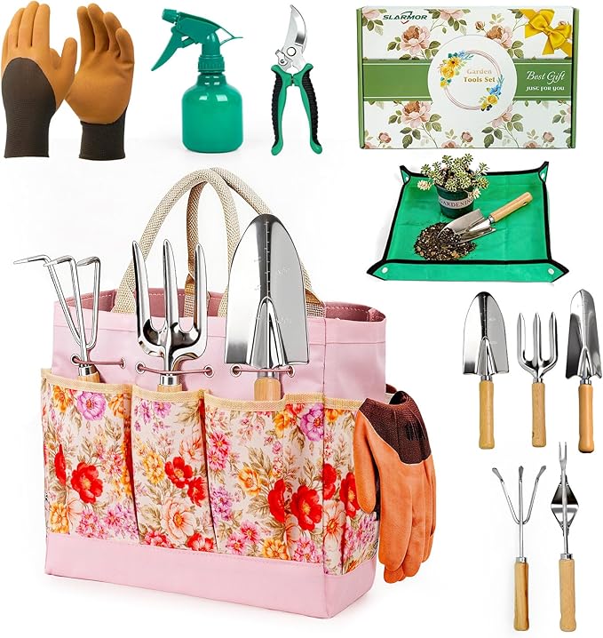 Garden Tool Set, 10 PCS Gardening Essentials, Stainless Steel Garden Hand Tools with Tote Bag, Well-Designed Gardening Supplies Kit Gifts for Women Men Gardeners