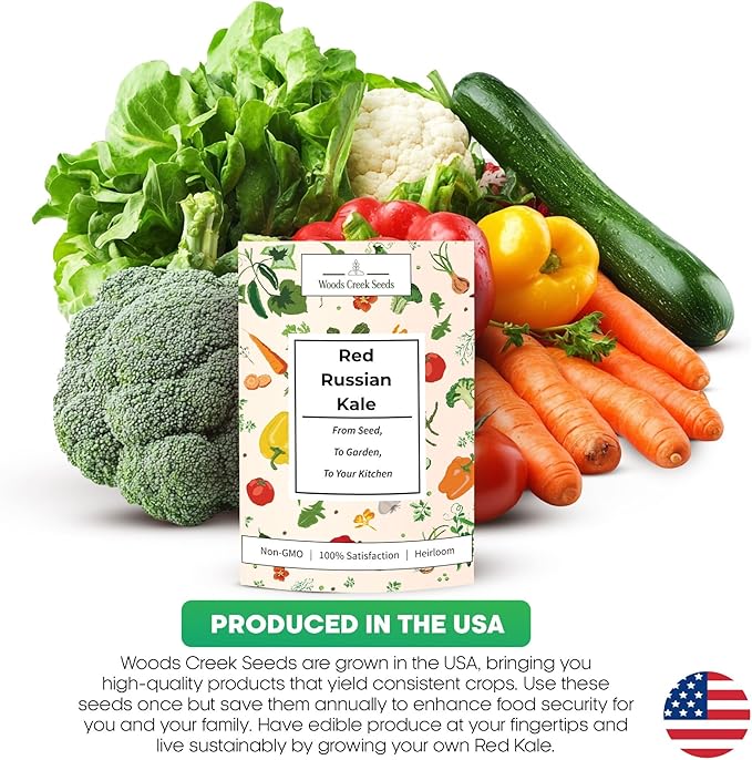 Woods Creek Seeds: Red Russian Kale Seeds for Planting - Over 480 Heirloom Non-GMO Kale Seeds for Planting Outdoors, Indoors or for Hydroponic Gardening - Ideal for Vegetable Gardening at Home