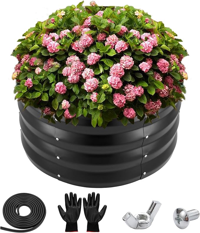 ZXZYHFTY Raised Garden Bed, 0.6 mm Galvanized Steel Round Planter Box with Open Bottom, Black, 2 x 2 x 1 FT, 1 Pack