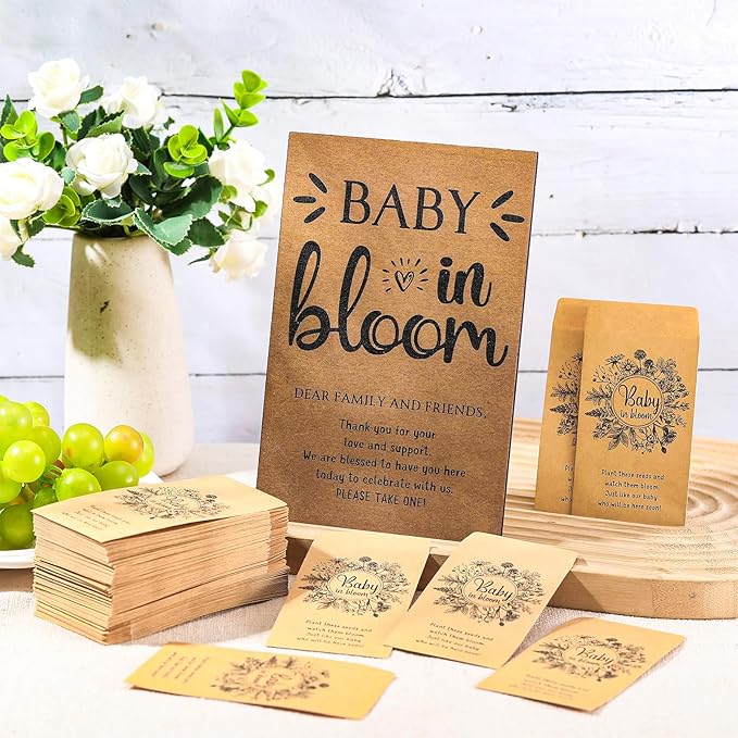 Maitys 100 Pcs Baby Shower Seed Packets Favors for Guests Baby in Bloom Wooden Sign Self Adhesive Envelopes Packet Storage Decor, No Seeds(Retro Wildflower)