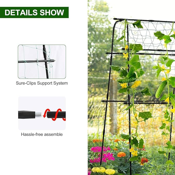 Garden Trellis for Climbing Plants Outdoor, Metal Cucumber Trellis Plant Support for Outdoor Vegetables Fruits Flowers Vines Cucumber Trellis Raised Bed, with Nylon Netting, 63" Hx 63" L, Black