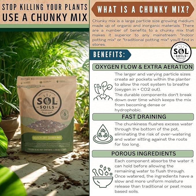 Sol Soils Chunky Houseplant Mix - Fast Draining Soil for Indoor Plants with Coco Coir Chips, Perlite, & Pumice, 10 Quart