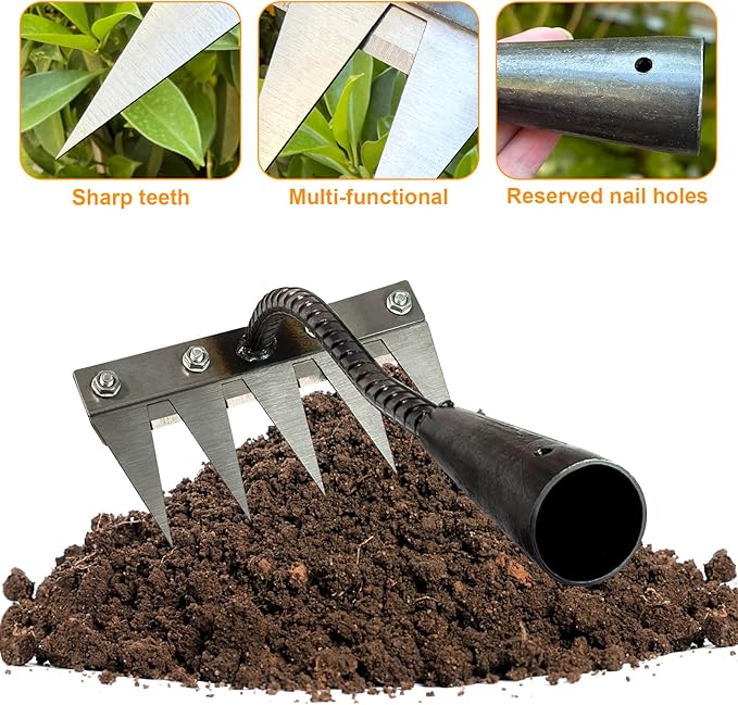 Ironrake The Heavy-Duty Iron Weeding Rake,1pc Iron Rake for Gardening and Weeding with 5 Metal Tines,Weeding Rake for Sturdy Dethatching,Ironrake for Backyard Lawn Loosening Planting Weeding (5 TINES)