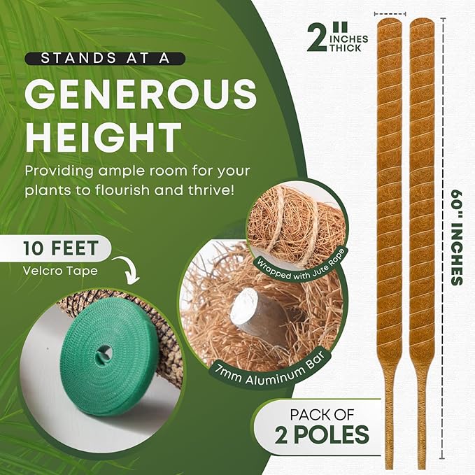 Bendable Moss Pole for Plants | 2 Pack 60 Inch Tall Moss Pole Monstera Plant Support | Large Poles for Climbing Plants | Handmade Plant Sticks Support Tall Potted Plants