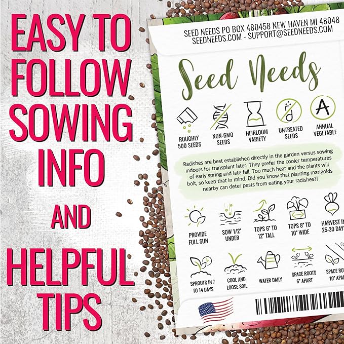 Seed Needs Radish Seeds for Planting French Breakfast Radishes - Non-GMO Heirloom & Untreated - Grow a Home Grown Vegetable Garden - Cool Weather Crops (2 Packs)