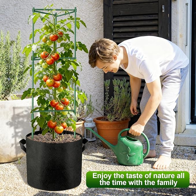 NNG 2 Packs 48 inches Tomato Cages with 10 Gallon Grow Bags,Garden Plant Support Cages,Plant Tower Stakes Garden Trellis for Climbing Plants,Tomato Plant Trellis for Vegetable Fruits Vines