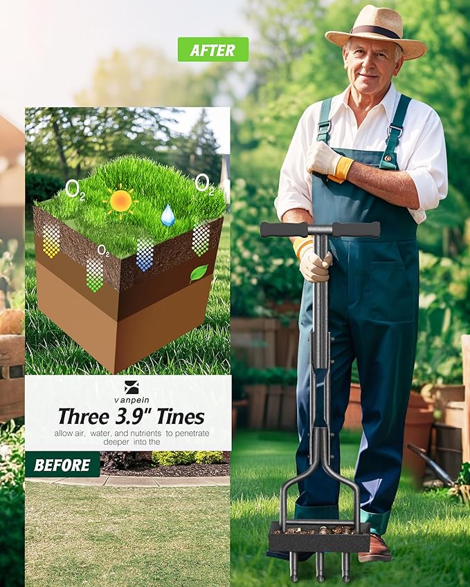 Lawn Aerator Garden Tool with Soil Core Tray, 38” Manual Grass Plug Aerators & A Cleaning Tool, Coring Aeration Tools with 3 Tines for Gardening, Soil Compaction, Lawn Yard Care, Patented Black