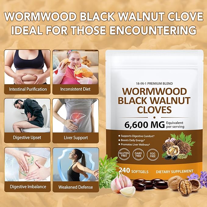 18-in-1 Wormwood Black Walnut Clove Herbal Softgels, 6600mg Serving, Rapid Gut Cleanse & Digestive Health with Black Walnut Hull, Wormwood, Clove, Garlic, Oregano, Pumpkin Seed, Easy-to-Swallow -2Pack