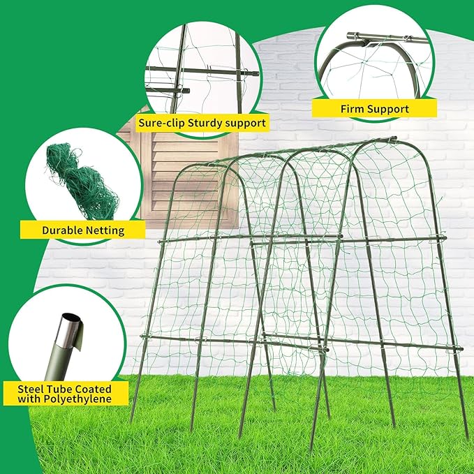 lalahoni Garden Trellis for Climbing Plants Outdoor, Cucumber Trellis U-Shaped Metal Garden Arch Plant Support with Climbing Net for Vegetable, Flower, Tomato, Bean, Green