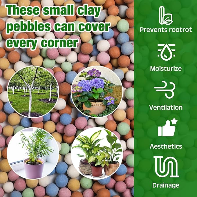 5.5 LBS Leca Clay Pebbles for Plants, Expanded Clay Balls Multi Color, Lightweight Hydroponics Growing Media for Succulents Orchids Aquaponics Drainage Potting Mix Decoration(2-6 mm)