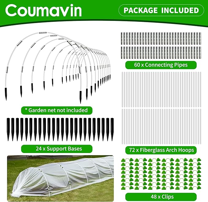 8FT Rust-Free Fiberglass Garden Hoops -72 PCS DIY Grow Tunnel Kit for Raised Beds, Row Cover Support with Connectors/Clips, Sun Shade &Year-Round Plant Protection, White