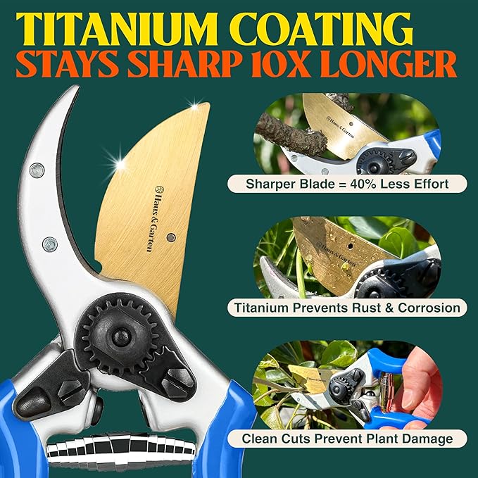 Haus & Garten ClassicPRO 8.5" Premium Titanium Bypass Pruners - Use as Garden Shears Pruning Shears for Gardening, Hand Pruners, Handheld Garden Clippers, Scissor Clipper Tool
