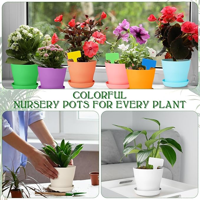 Aodaer 16 Pack 4 Inch Plastic Planters with Multiple Drainage Holes and Tray Indoor Outdoor Flower Plant Nursery Pots with Labels Flower Seedling Pots for Herb Garden Home Succulents, Assorted Colors