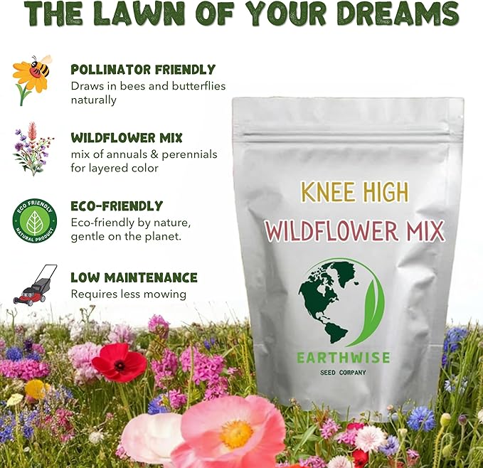 Earthwise Knee High Wildflower Meadow Blend, 1/4 lb Wildflower Seed Mix – Covers 250 sq ft – Pollinator & Bee-Friendly Flowers