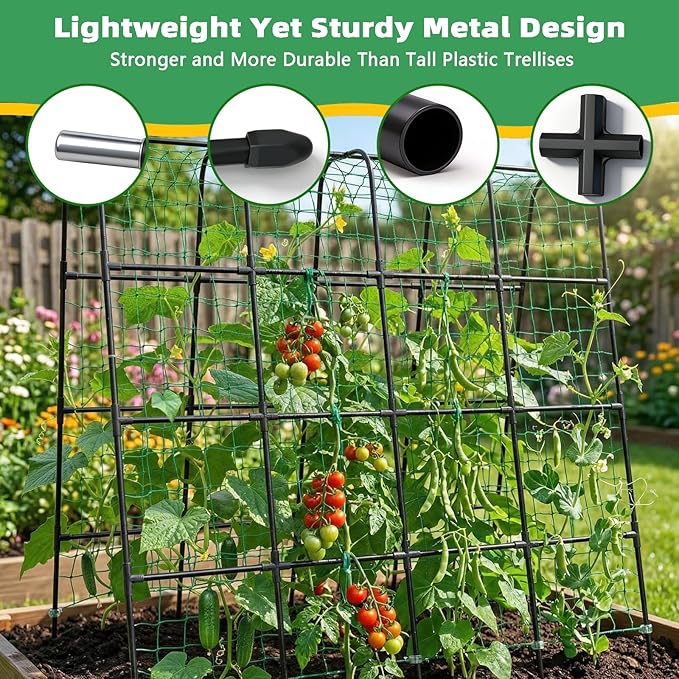 Garden Arch Trellis for Climbing Plants, Plastic-Coated Steel Trellis with Easy-Connect System, Includes Net, Ties & Gloves, Outdoor Plant Support for Vegetables (63" L x 63" H)