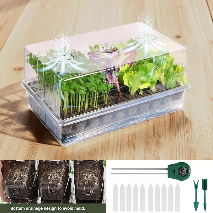 Self-Watering Seed Starter Tray, Seed Starter Kit Self Water, Germination Trays for Seed Starting with High Humidity Domes (Tray, 120 Cells)