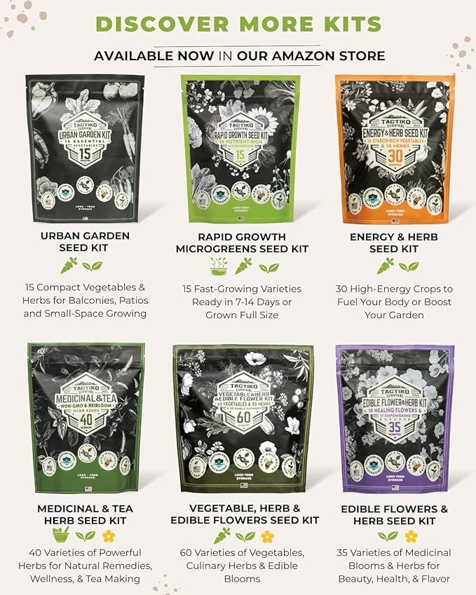 50 Tactiko Survival Vegetable, Herb & Fruit Seed Kit - U.S.A. Harvested Varieties - Over 35,000 Non-GMO Heirloom Seeds - Emergency Seed Vault in Waterproof Mylar Bag - Long-Term Storage