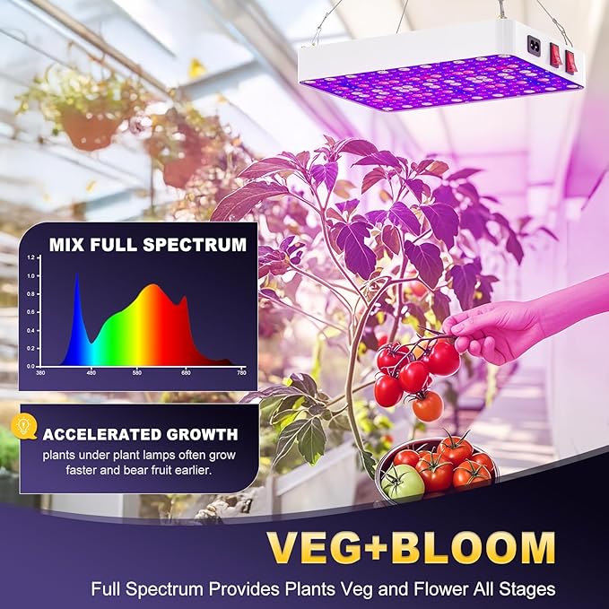 LED Grow Lights for Seed Starting Vegetables Bloom, UV-IR Included Hanging Full Spectrum Grow Lights for Indoor Hydroponic Plants Greenhouse Growing Lamps Veg Bloom Daul Mode