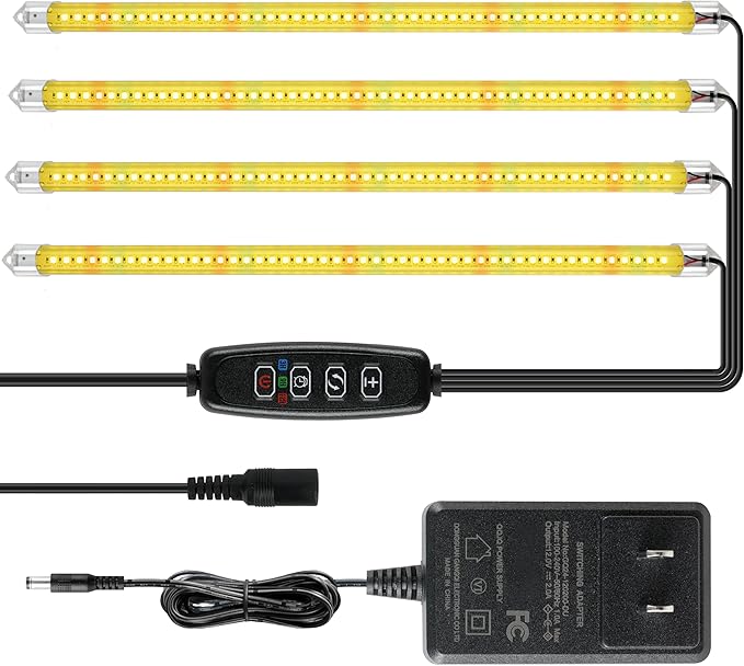 iPower 60W LED Plant Grow Light Strips Full Spectrum for Indoor Plants with Auto ON/Off 3/9/12H Timer, 10 Dimmable Levels 48 LEDs Per Tude, 4 Tubes, Yellow