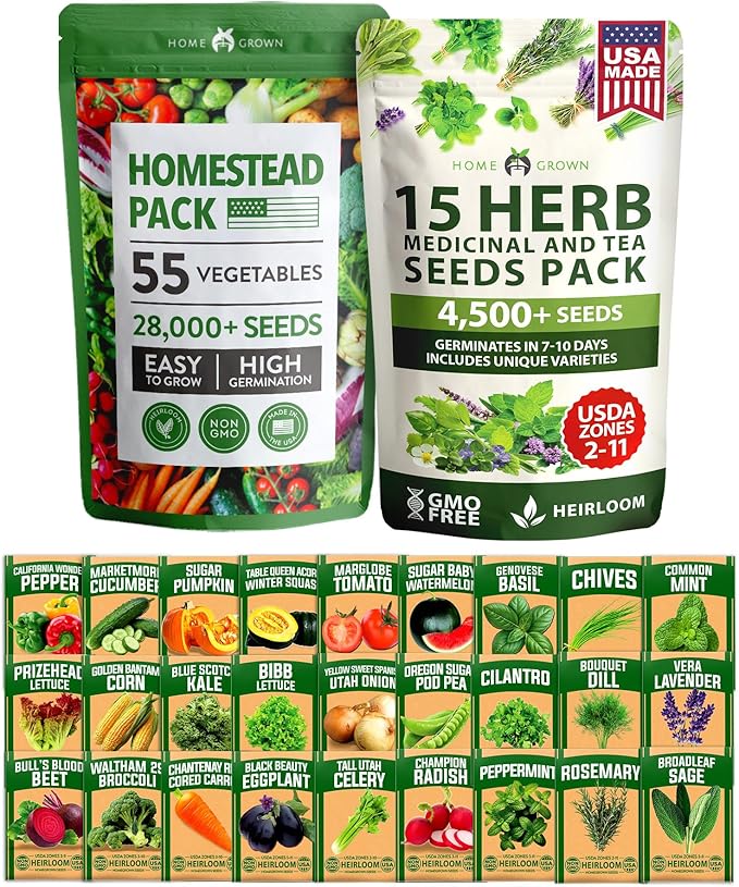 HOME GROWN 70 Variety Vegetable & Herb Seeds 32,000+ USA Non-GMO Heirloom Survival Seeds Garden Kit for Spring, Fall, Winter Indoor & Outdoor Planting Starter Set for Home Gardeners & Preppers