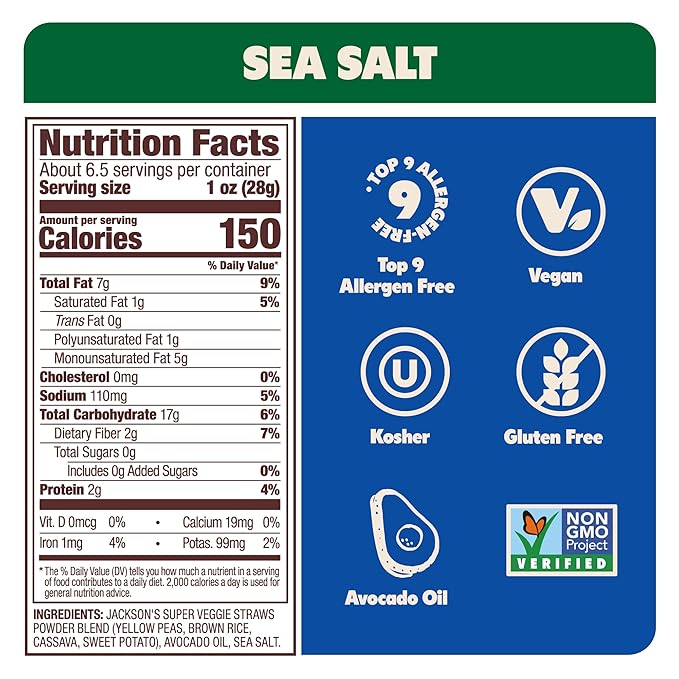 Jackson’s Super Veggie Straws (Sea Salt, 6.5 oz, Pack of 6) – Gluten Free, Vegan, Snacks for Kids & Adults – Made with Premium Avocado Oil – Allergen-friendly, Veggie Straws Individual Bags