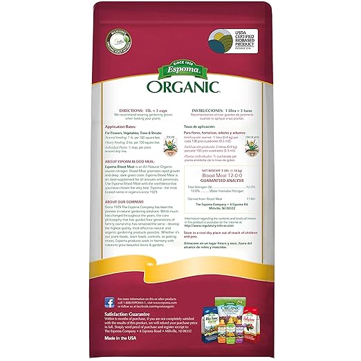 Espoma Organic Blood Meal Fertilizer 12-0-0 . All-Natural Plant Food Source of Nitrogen for Organic Gardening. For Flowers, Vegetables, Trees & Shrubs. 3 lb. Bag. 3 Pack