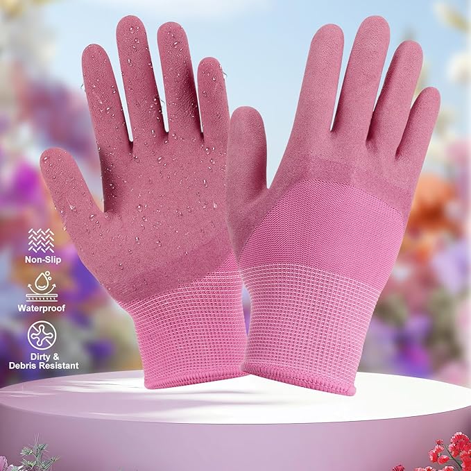 Housolution Gardening Tools Set, 10 PCS Stainless Steel Heavy-Duty with Non-slip Soft Rubber Handle with Large Garden Bag, Floral Pattern Gardening Tool Set Gifts for Women Birthday Mother's Day, Pink