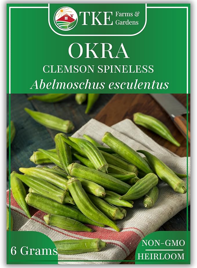 TKE Farms & Gardens - Clemson Spineless Okra Seeds for Planting, 100+ Heirloom Non-GMO Seeds, Easy to Grow for Outdoor Gardens, High-Yield Variety That Thrives in Warm Climates