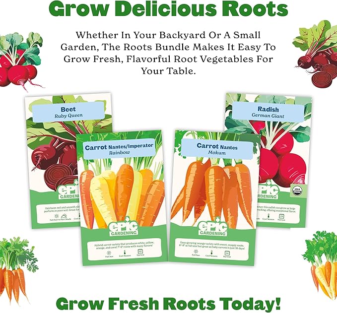 Epic Gardening Roots Seed Bundle - 4 Non-GMO Heirloom Varieties, Includes Beets, Rainbow Carrots & Radishes, Grow Nutritious Root Vegetables for Roasting, Soups & Healthy Homegrown Meals